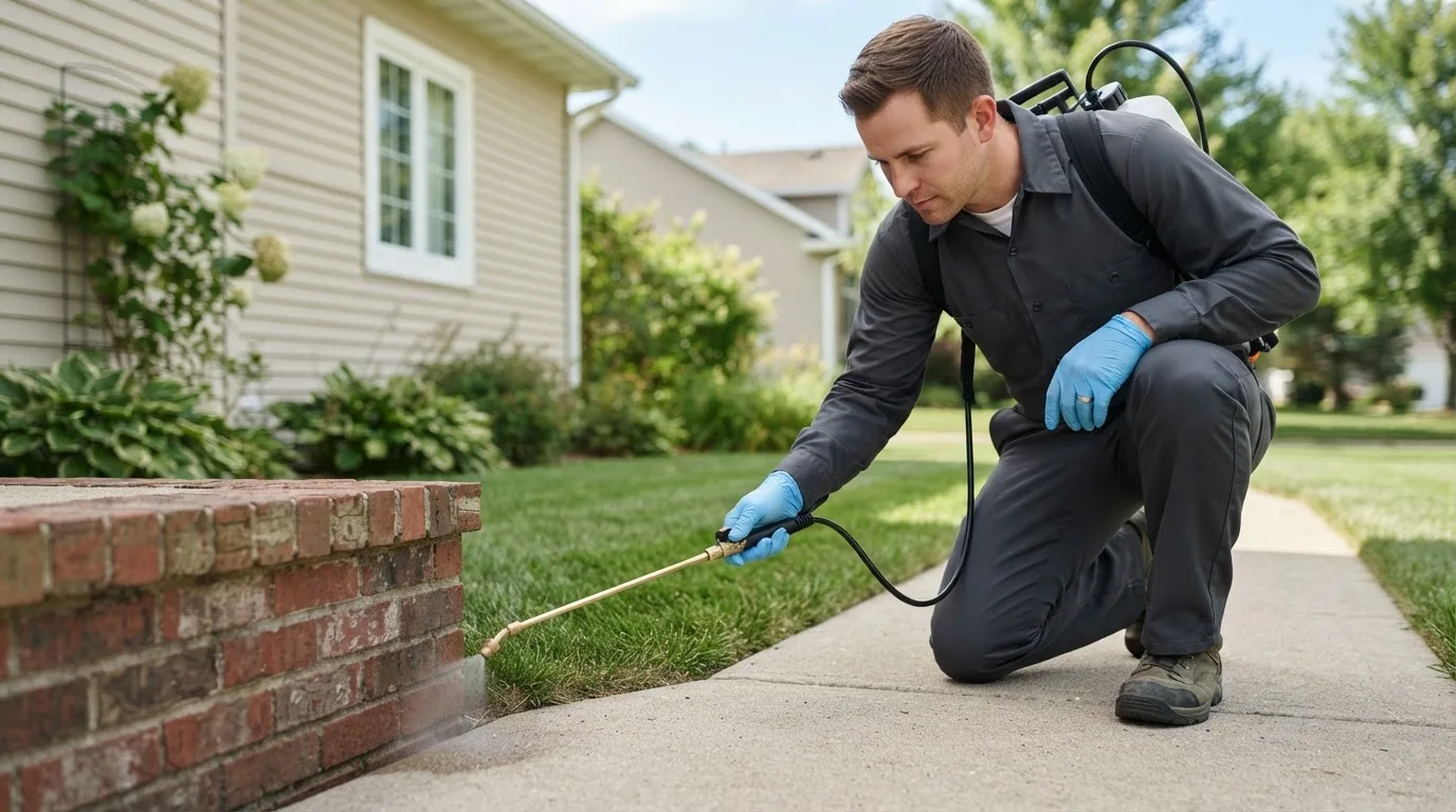 Pest control technician treating a home near Shevlin, MN